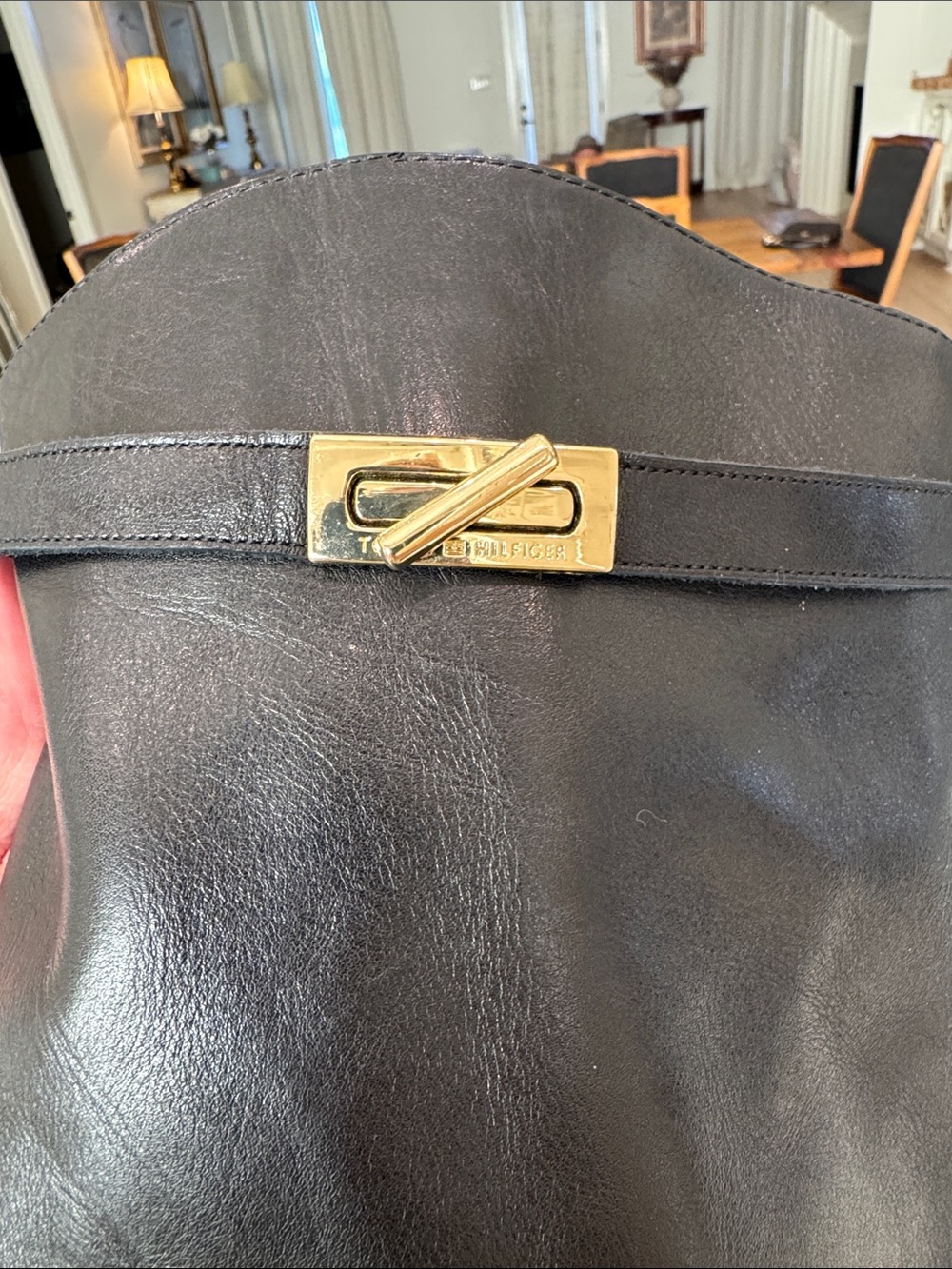 Tommy Hilfiger Black Leather Knee-High Heeled Boots with Gold Accent - Picture 2 of 7